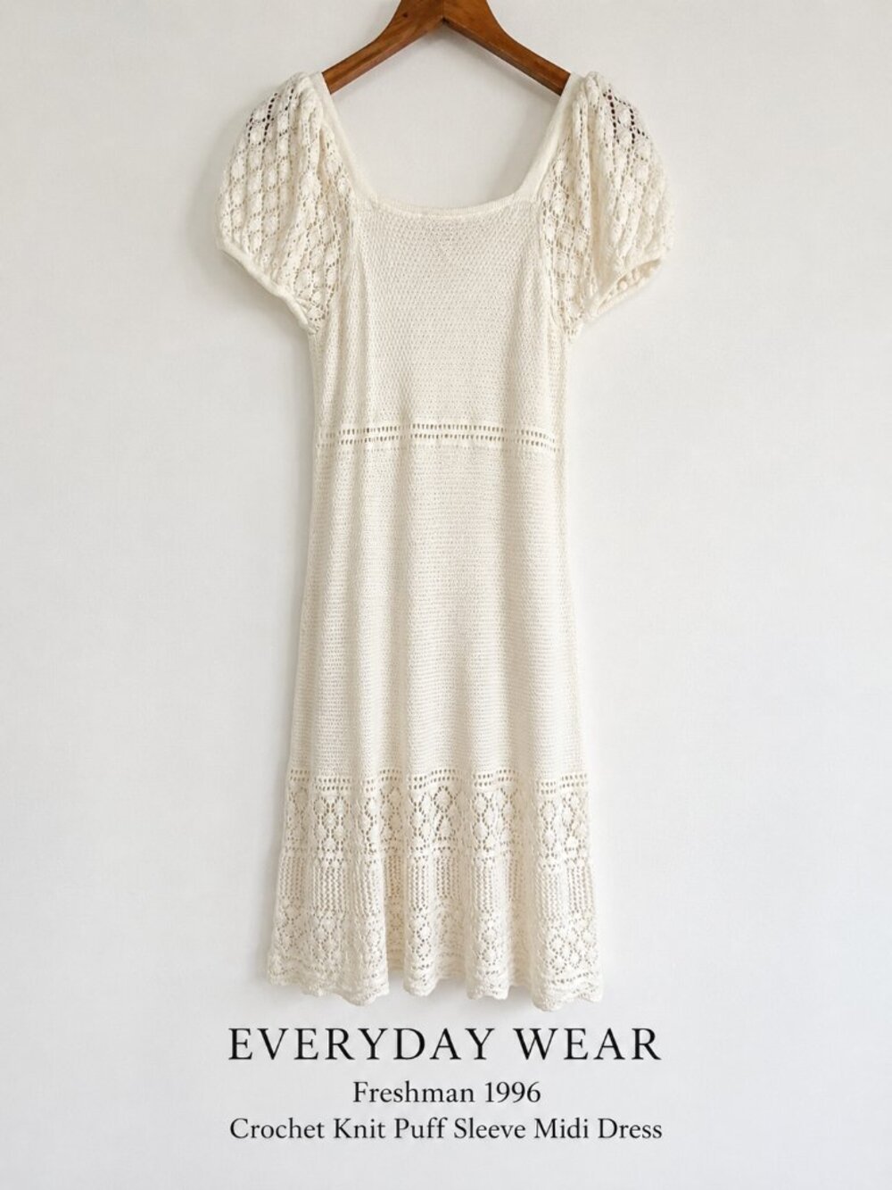 Freshman 1996 Ivory Crochet Knit Puff Sleeve Midi Dress NWT M